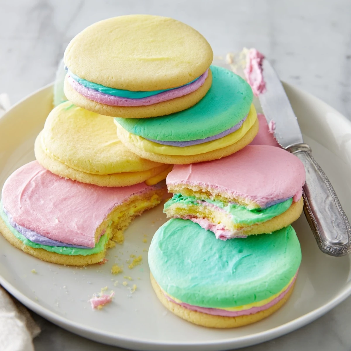 Soft buttery Pastel Sugar Cookie Sandwiches with vibrant pastel buttercream filling inside.