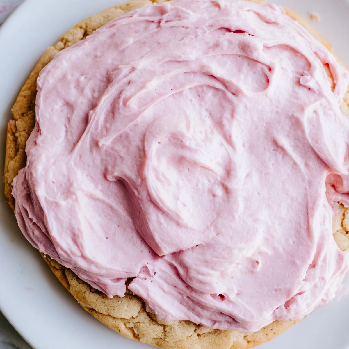 Two giant chilled Crumbl sugar cookies with pink vanilla frosting on a white plate.  
