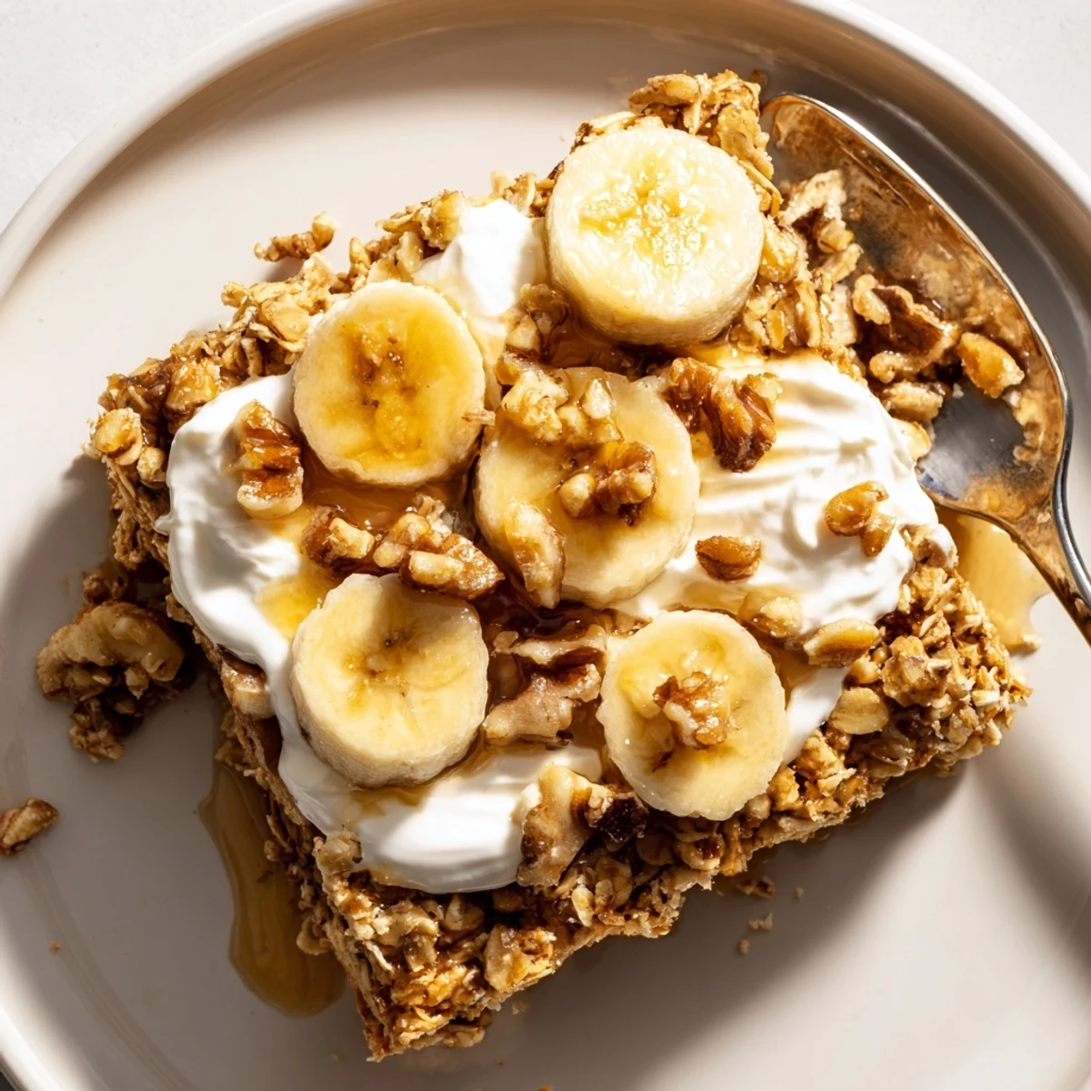 Golden-brown Banana Baked Oatmeal with Greek Yogurt cooling in a dish, garnished with chopped walnuts and ready for a wholesome meal-prep morning.