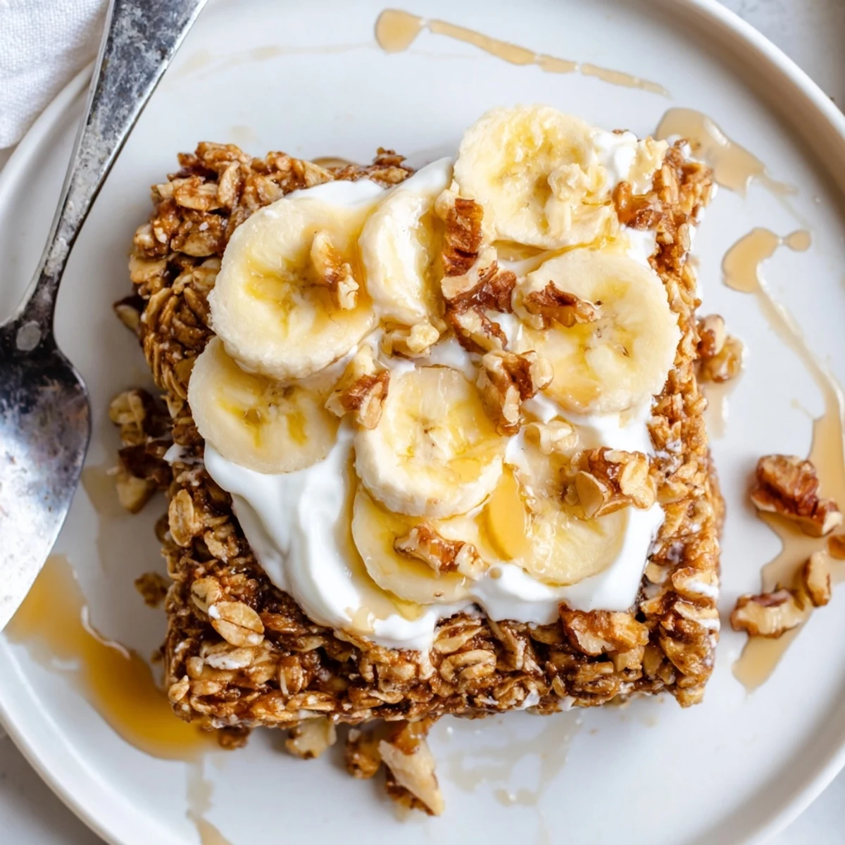 Freshly baked Banana Baked Oatmeal with Greek Yogurt served warm, featuring creamy yogurt topping and cinnamon-scented oats perfect for a healthy start.