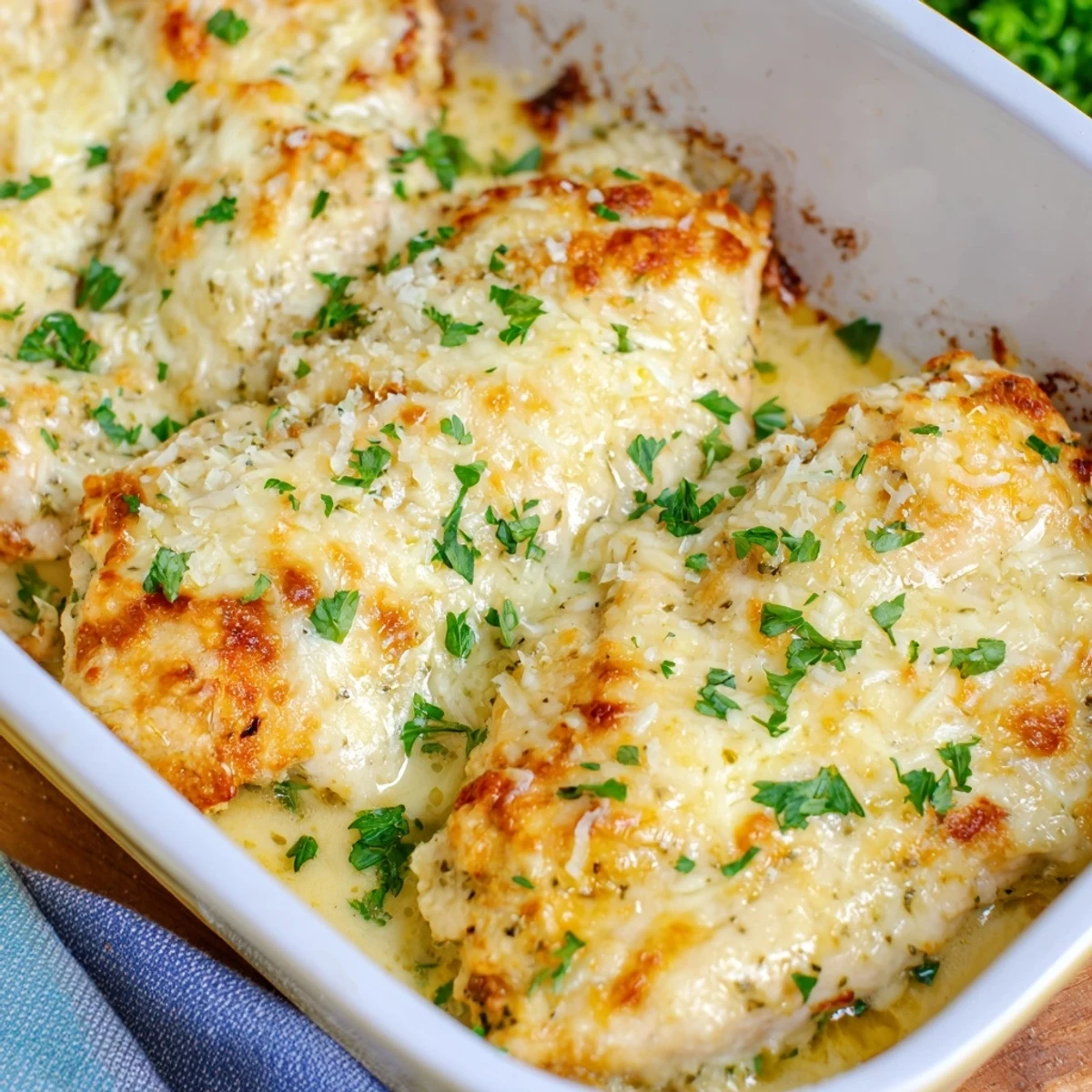 Golden-brown Creamy Parmesan Baked Caesar Chicken with bubbling cheese topping from a cozy home kitchen.