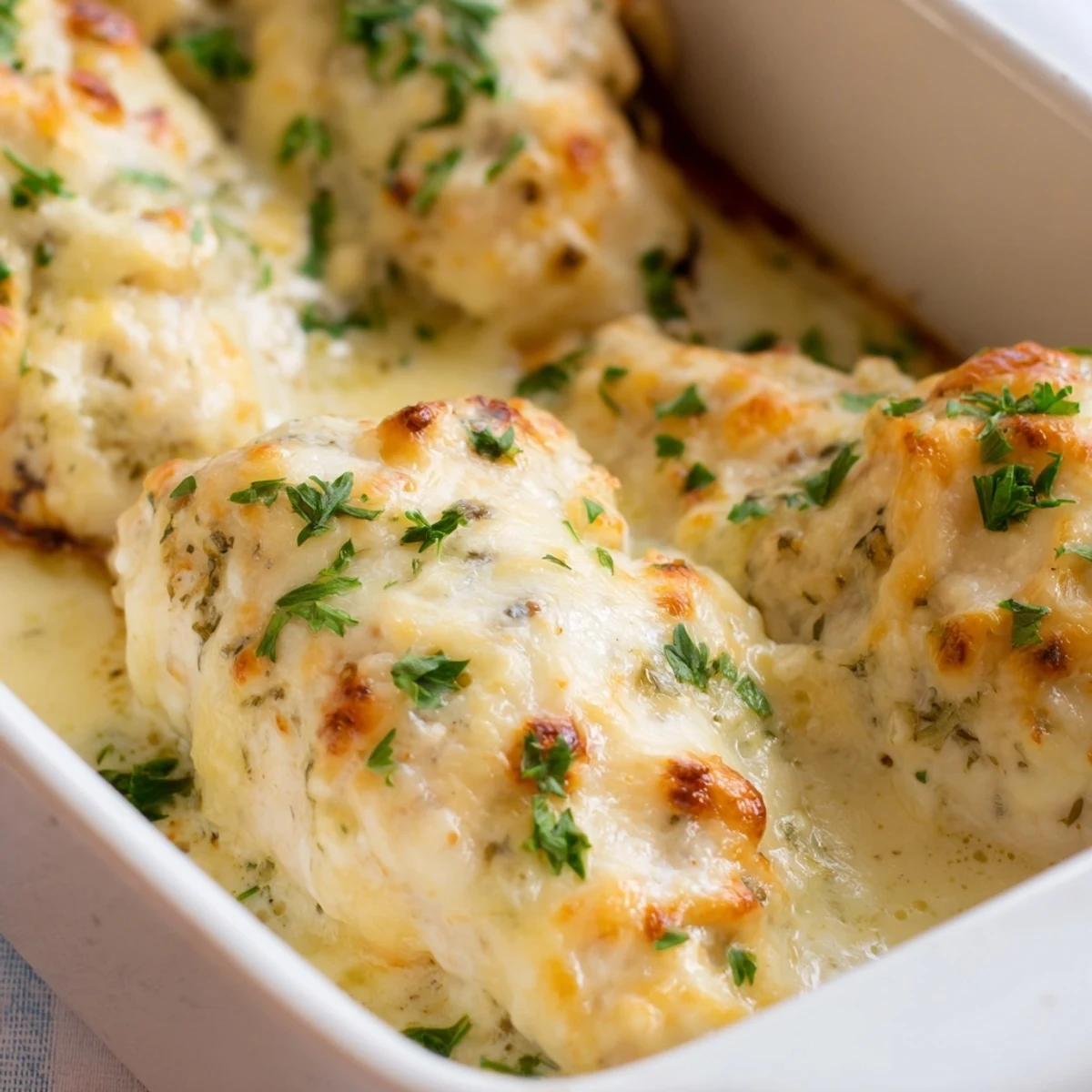 Close-up view of tender chicken breasts in Creamy Parmesan Baked Caesar Chicken garnished with fresh parsley.
