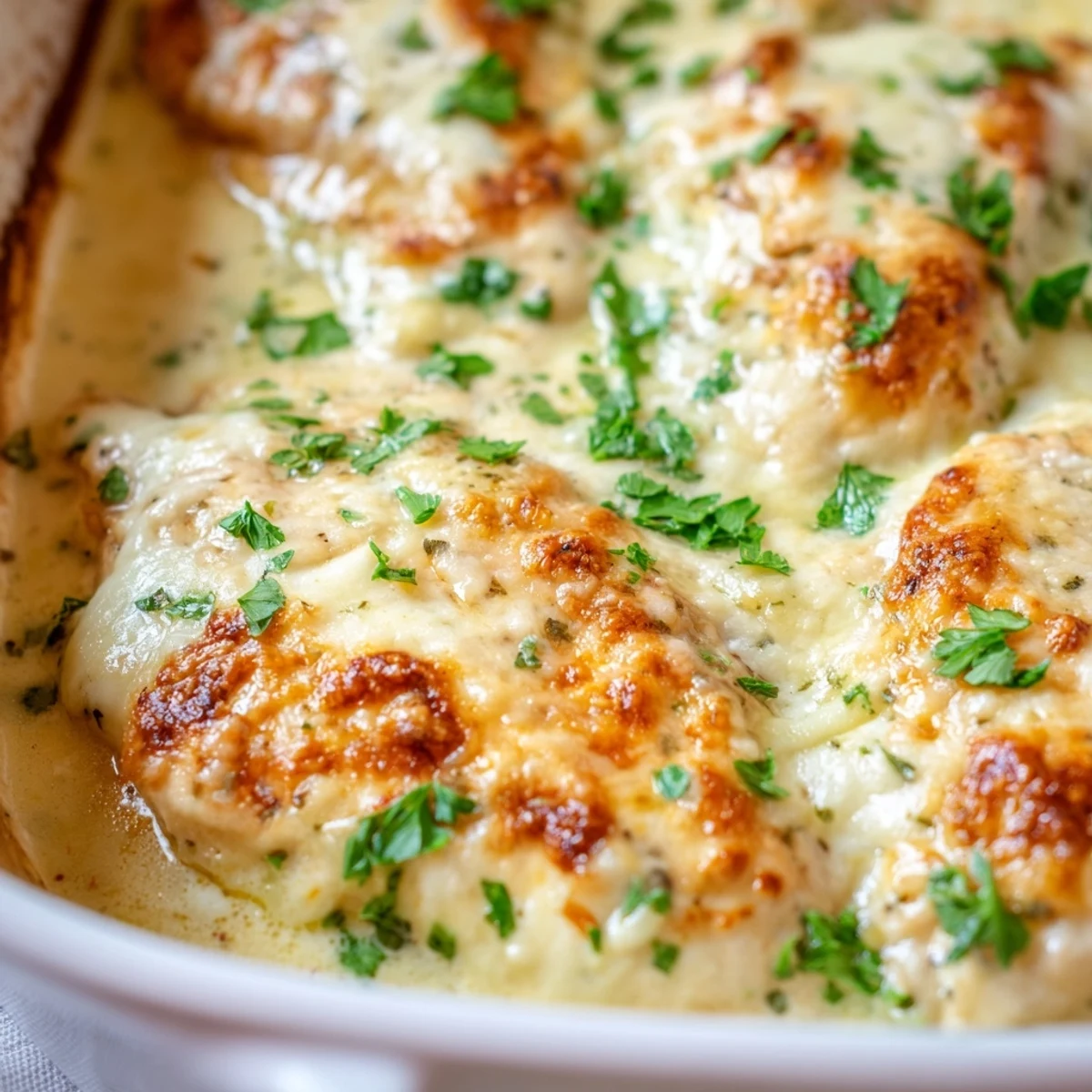 Serving of Creamy Parmesan Baked Caesar Chicken with garlic bread and a crisp green salad.