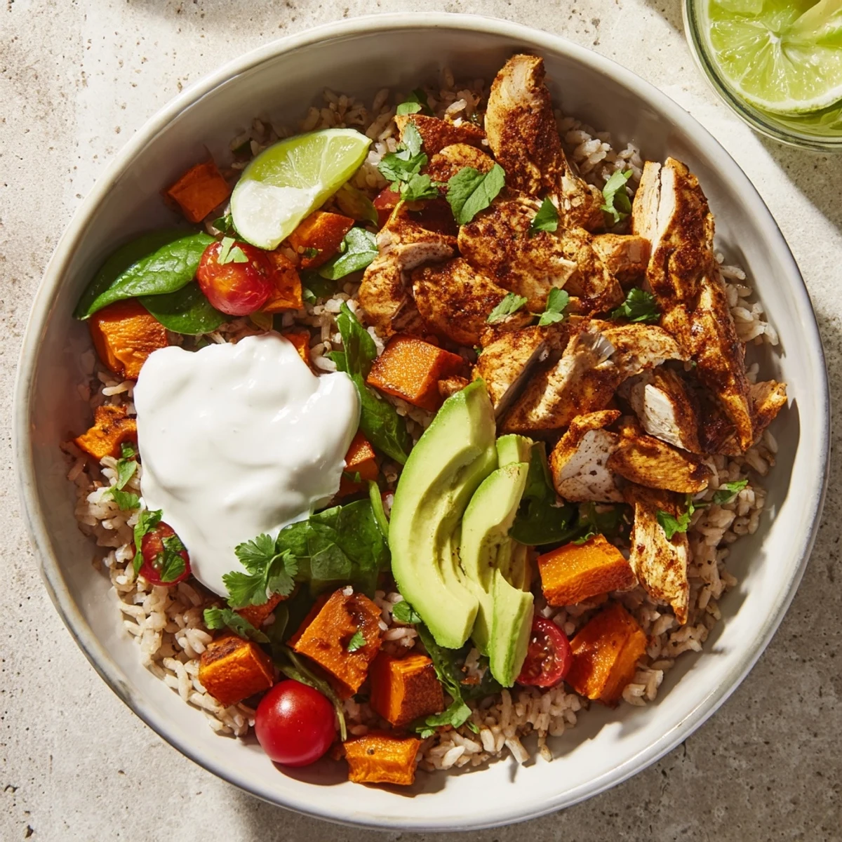 A vibrant bowl of Wholesome Chicken Sweet Potato Rice Bowl with roasted veggies and creamy avocado.