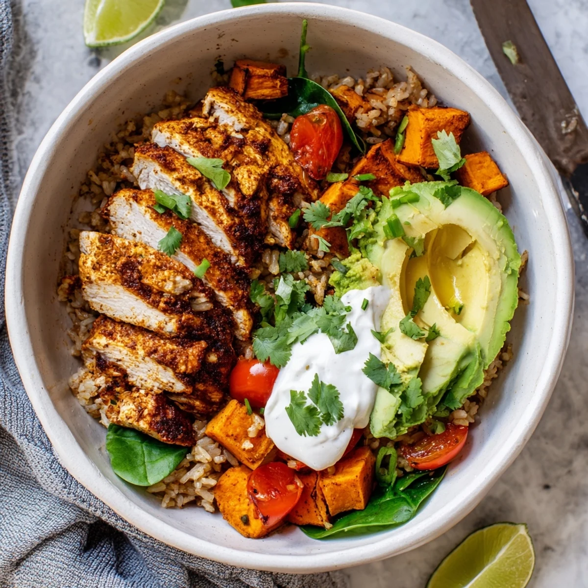 Enjoy a gluten-free Wholesome Chicken Sweet Potato Rice Bowl garnished with lime and fresh cilantro.