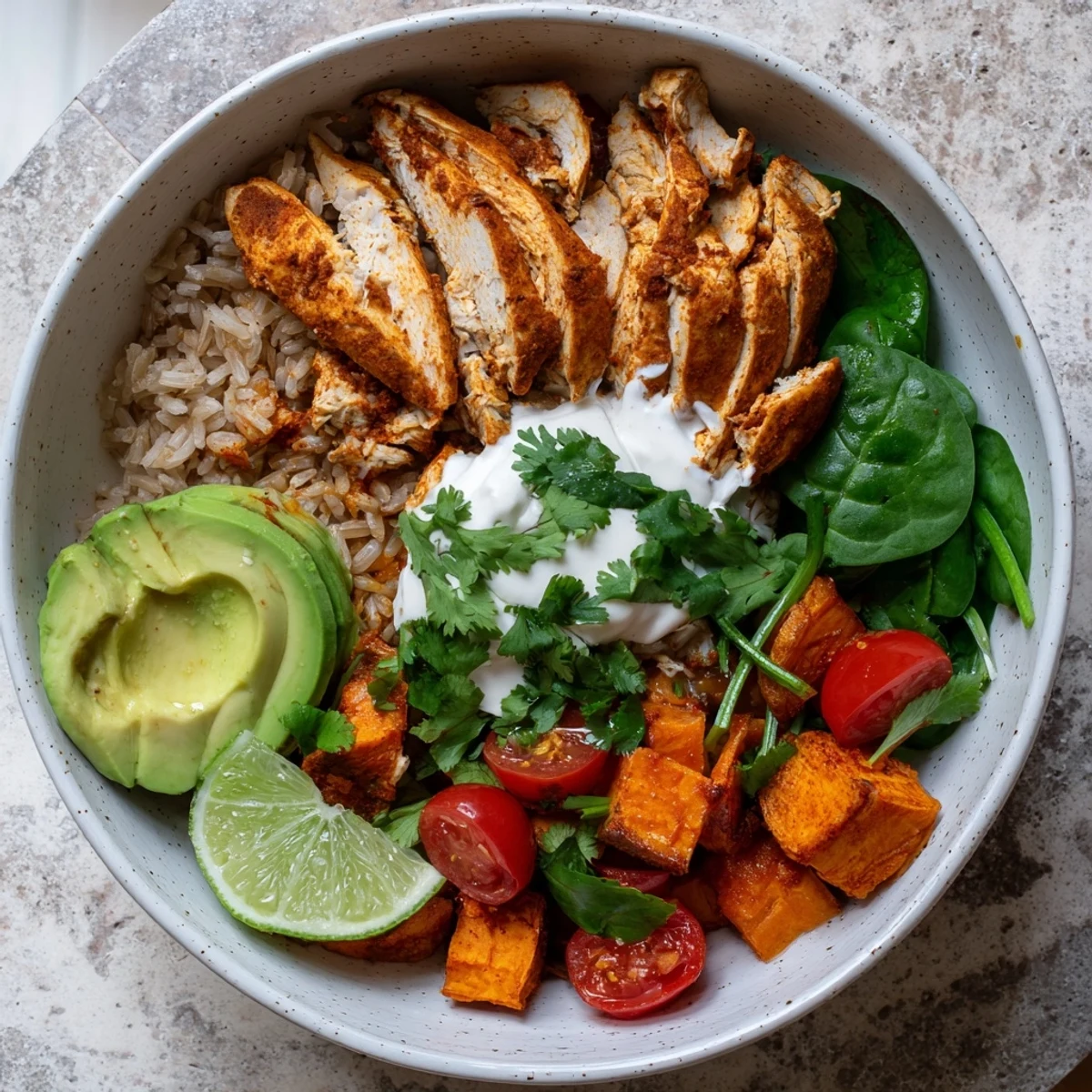 Sliced chicken and sweet potatoes top fluffy rice in this hearty Wholesome Chicken Sweet Potato Rice Bowl.