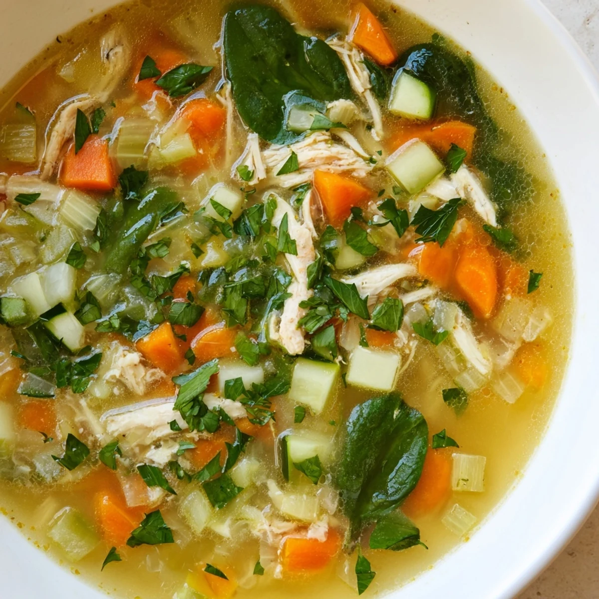 Steam rises from a bowl of The Best Healing Chicken Soup, featuring tender chicken and vibrant vegetables swimming in aromatic broth.