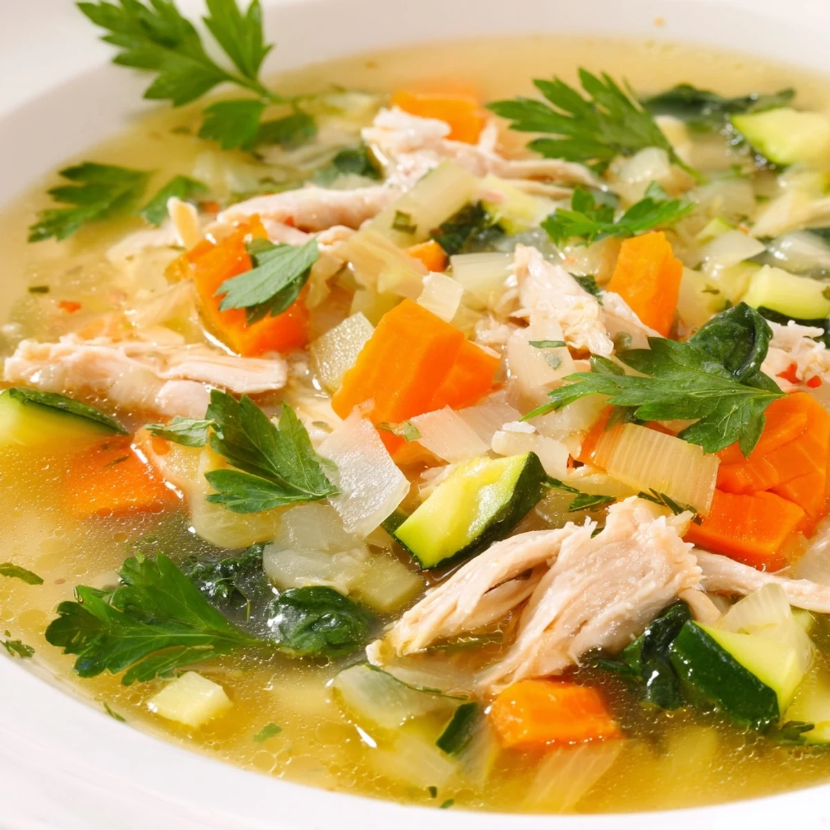 Bright, nourishing The Best Healing Chicken Soup in a rustic bowl, garnished with fresh parsley and lemon juice for extra flavor.