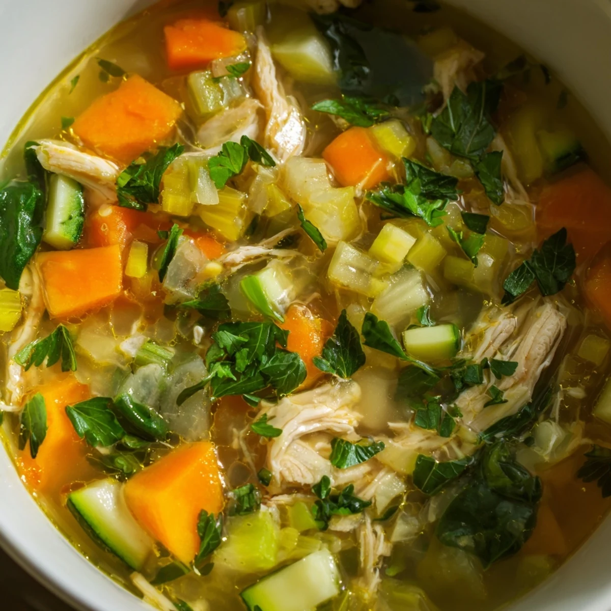 A close-up of The Best Healing Chicken Soup with shredded chicken, carrots, celery, and spinach leaves, ready for a comforting meal.