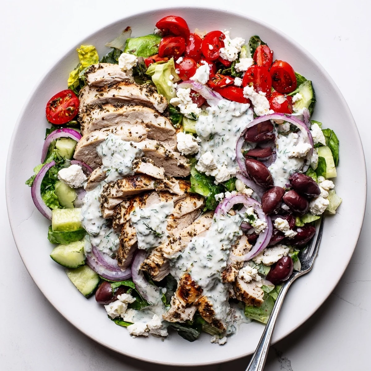 A hearty serving of Tzatziki Chicken Salad with tender chicken, dill-flecked yogurt dressing, and bright red bell peppers.