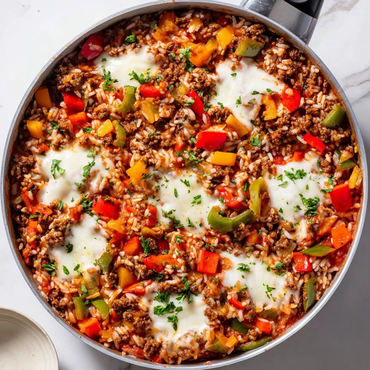 Steamy, melted mozzarella blankets a hearty one-pan Unstuffed Pepper Skillet filled with beef, peppers, and rice.