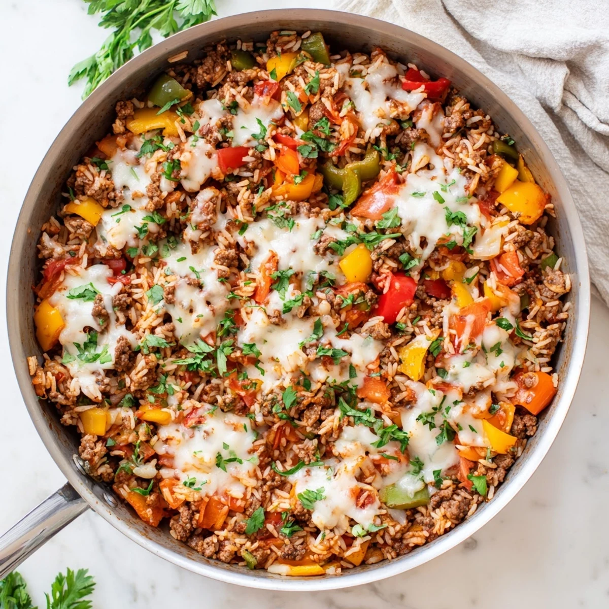 Golden rice and tender beef in the Unstuffed Pepper Skillet, paired with a crisp green salad on the side.