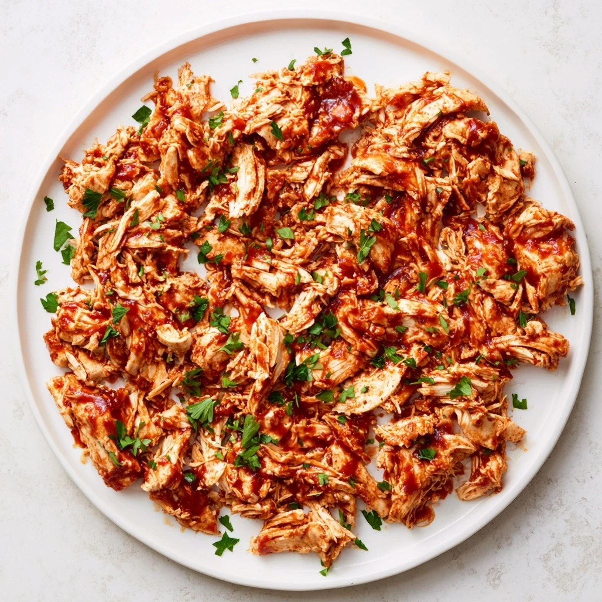 A close-up of Sweet Baby Rays Crockpot Chicken with glossy barbecue sauce and fresh parsley garnish, perfect for weeknight dinner.