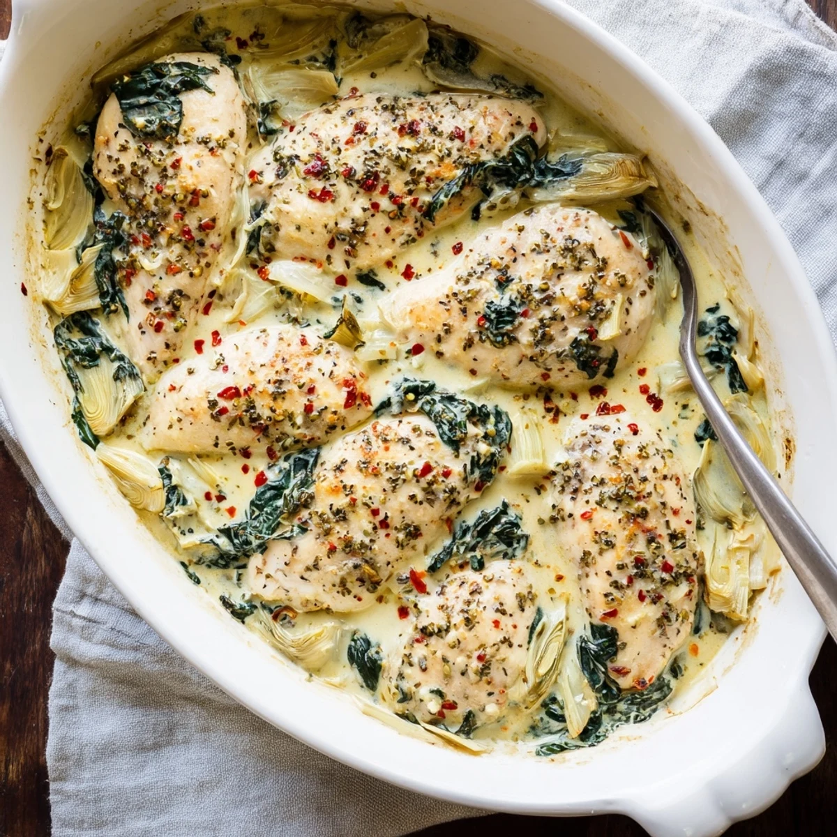 Golden-brown chicken breasts nestled in a creamy spinach and artichoke cottage cheese sauce, topped with melted mozzarella.