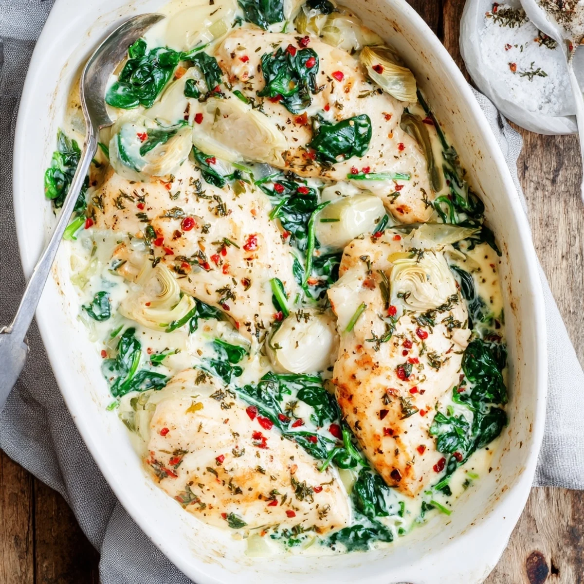 A skillet of freshly baked spinach artichoke chicken with cottage cheese, garnished with fresh parsley for a vibrant finish.