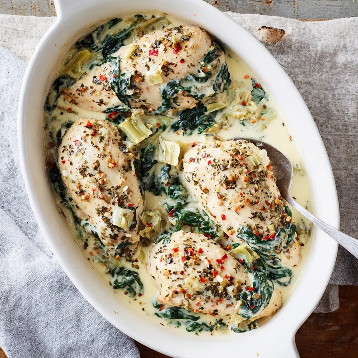 Close-up of tender spinach artichoke chicken with cottage cheese, revealing a rich, cheesy sauce and wilted greens.