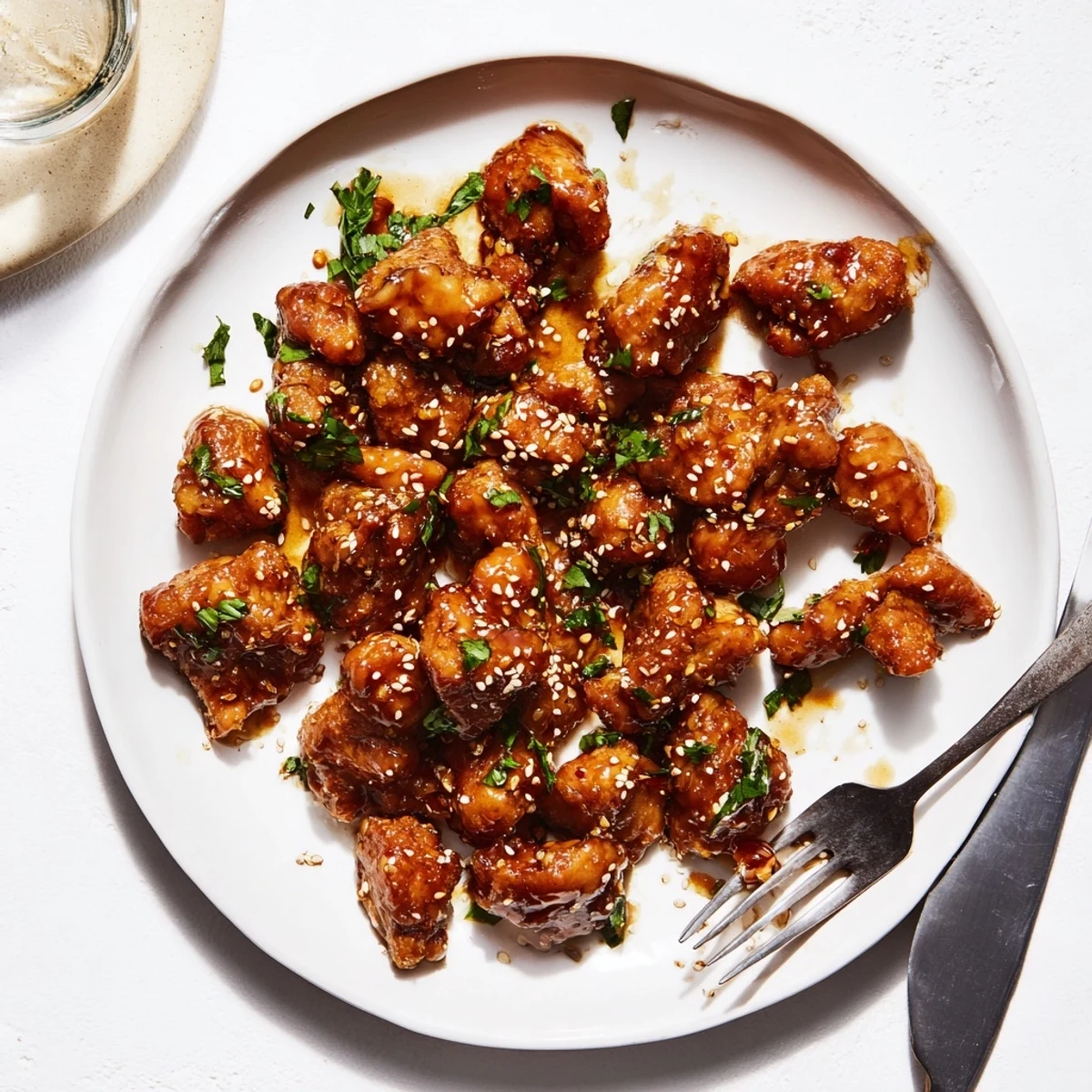 Tender Honey Butter Chicken pieces glistening with a rich, golden sauce and fresh parsley garnish.