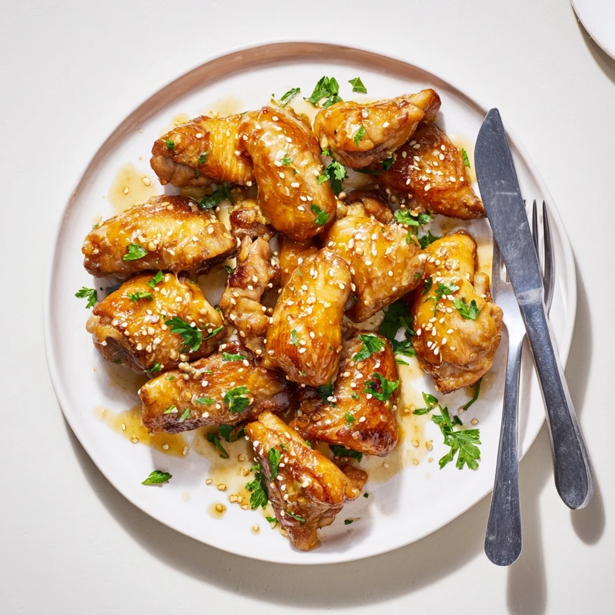 A close-up of sticky Honey Butter Chicken served over fluffy white rice with sesame seeds.