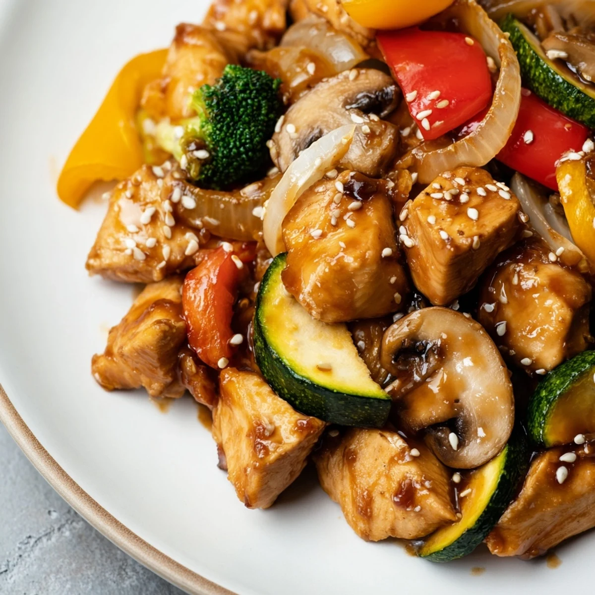Perfect Easy Air Fryer Hibachi Chicken & Vegetables served on a plate with steamed rice and sesame garnish.