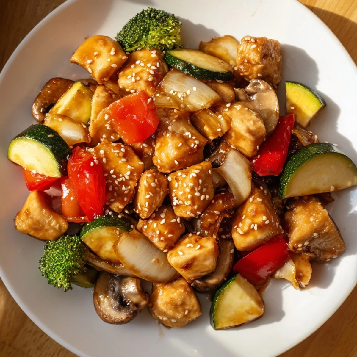 Golden-brown air-fried chicken cubes and vibrant crisp-tender zucchini, bell peppers, and broccoli tossed in savory hibachi sauce.