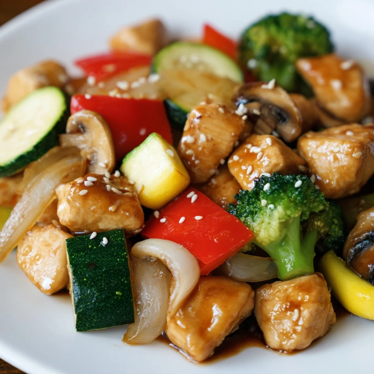 Close-up of juicy air-fried hibachi chicken and vegetables drizzled with sauce, showcasing the sizzling home-cooked texture.