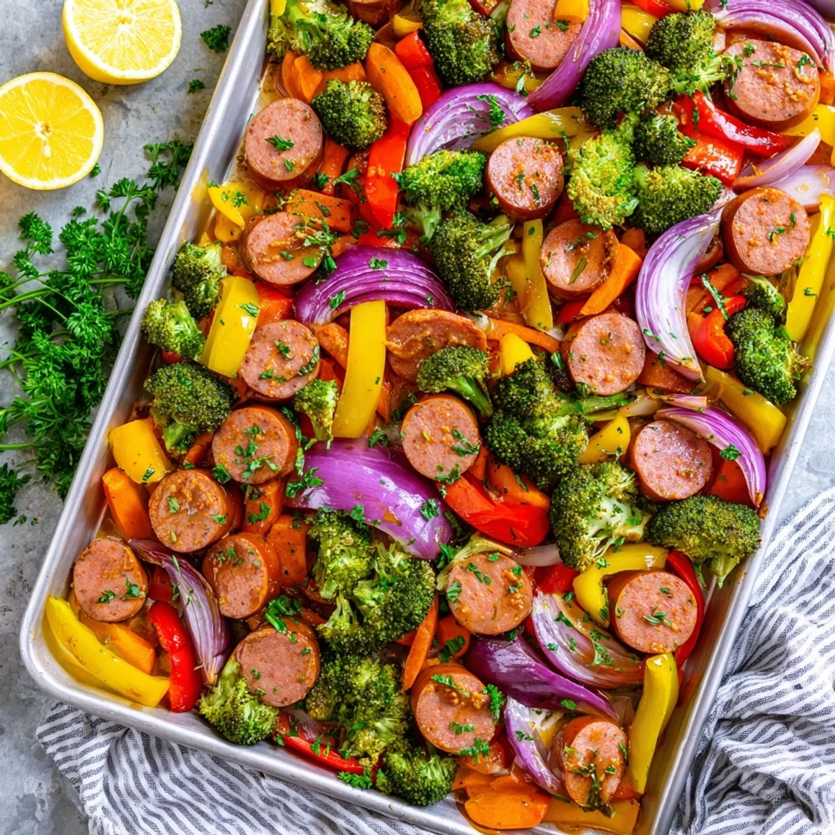 Golden roasted kielbasa and colorful vegetables coated in sticky honey garlic glaze on a sheet pan
