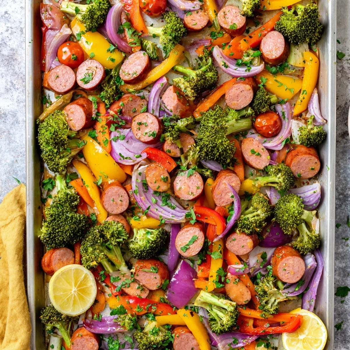 Rustic one pan honey garlic kielbasa dinner with caramelized broccoli peppers and onions ready to serve