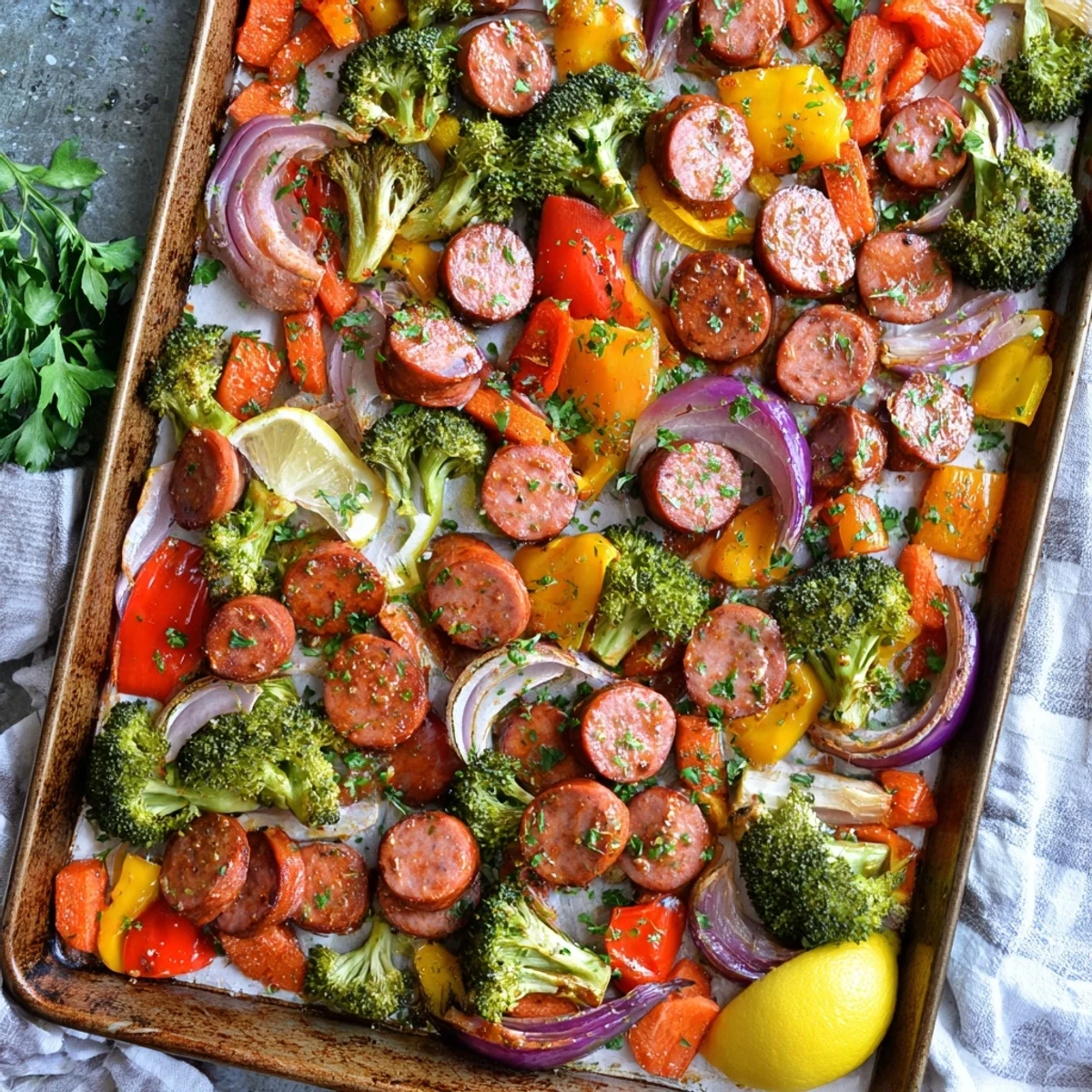 Easy sheet pan meal featuring smoky sausage and tender veggies tossed in sweet savory honey garlic sauce