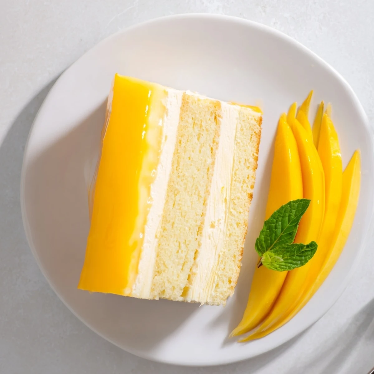 Golden mango mousse cake with glossy glaze atop fluffy sponge layer