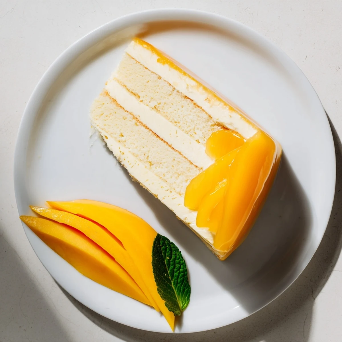 Elegant mango mousse cake dessert with fresh mango topping on white plate
