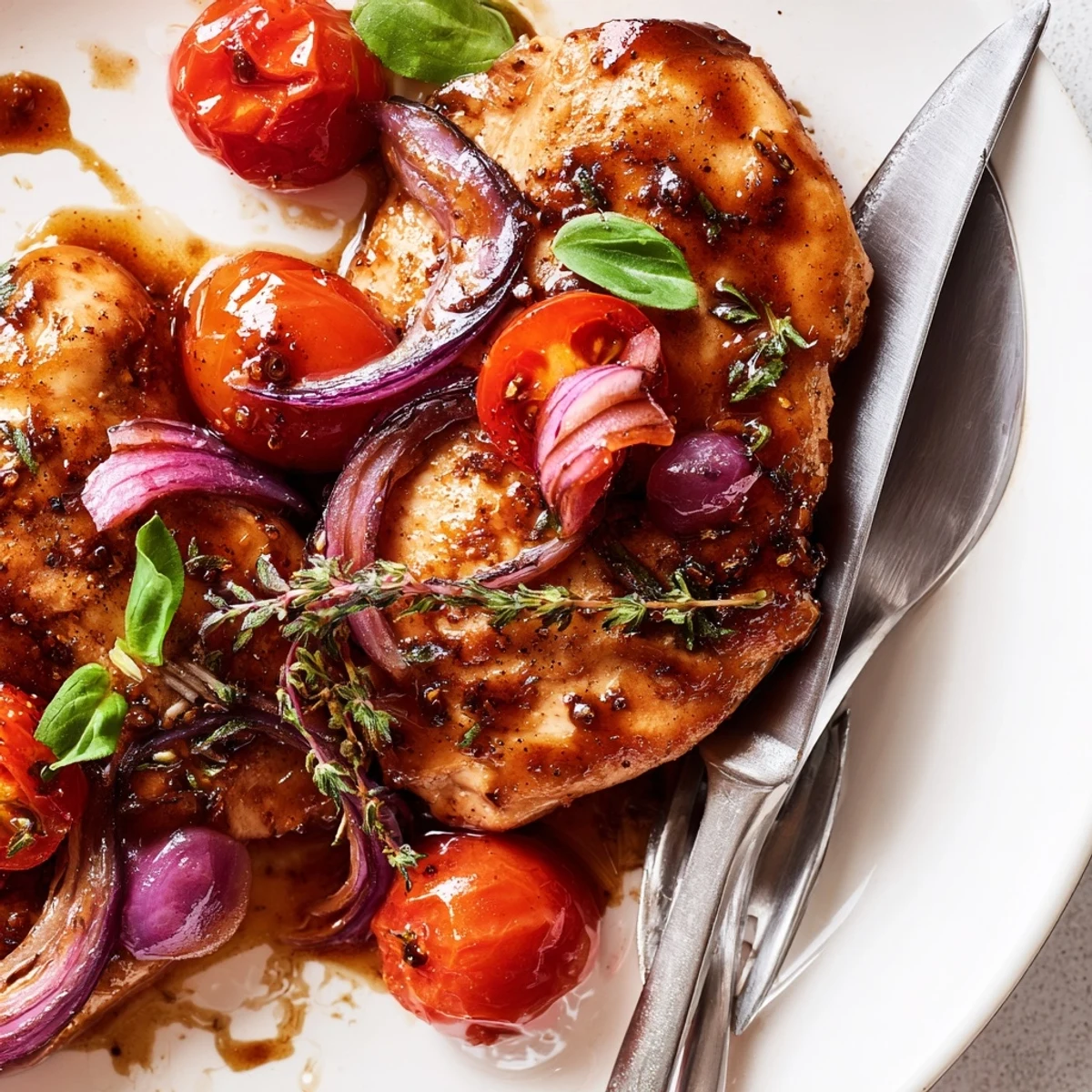 Tender juicy chicken simmered in sweet balsamic sauce with garlic onions and vibrant red cherry tomatoes