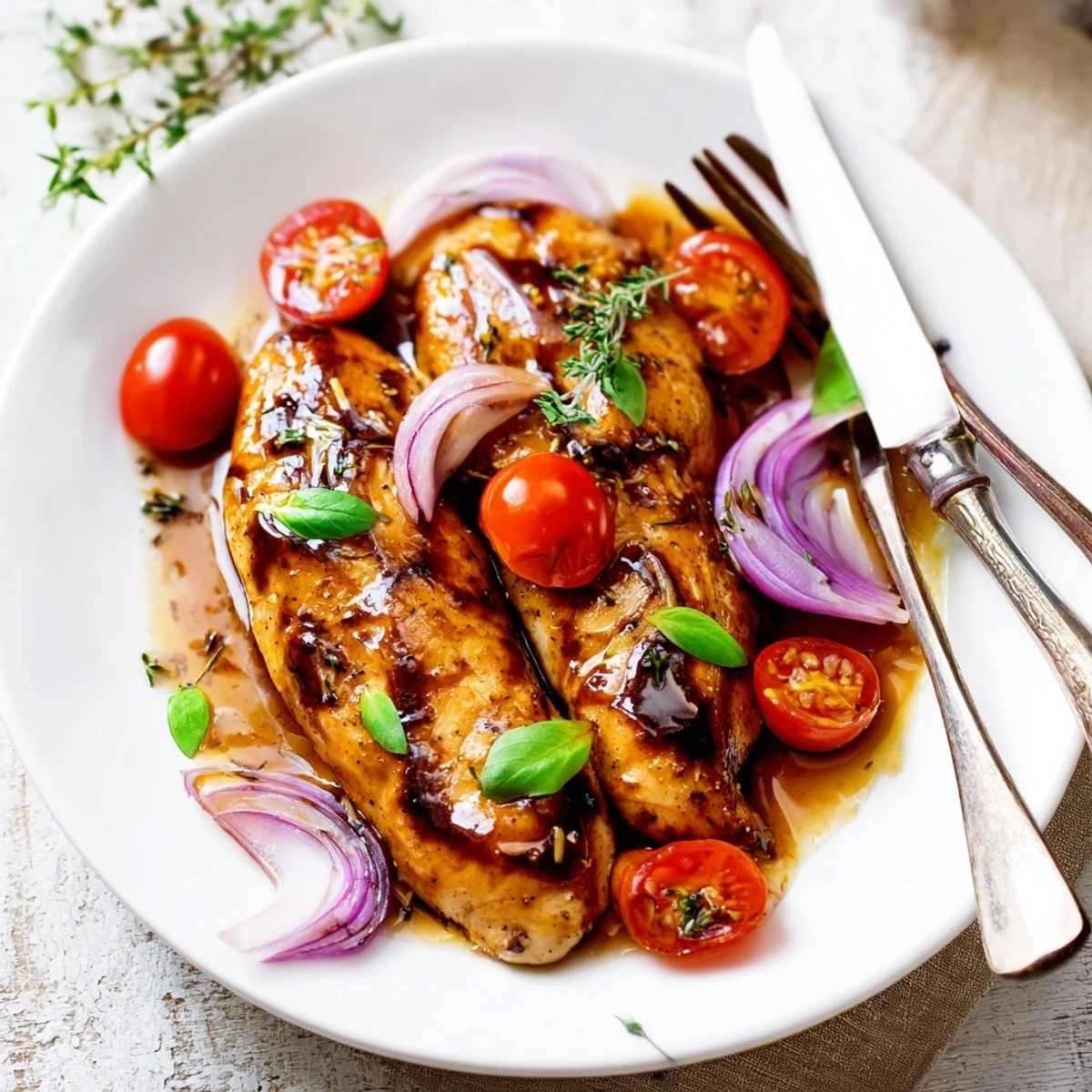 One pan juicy chicken with balsamic sauce plated with caramelized vegetables and fragrant herb garnish
