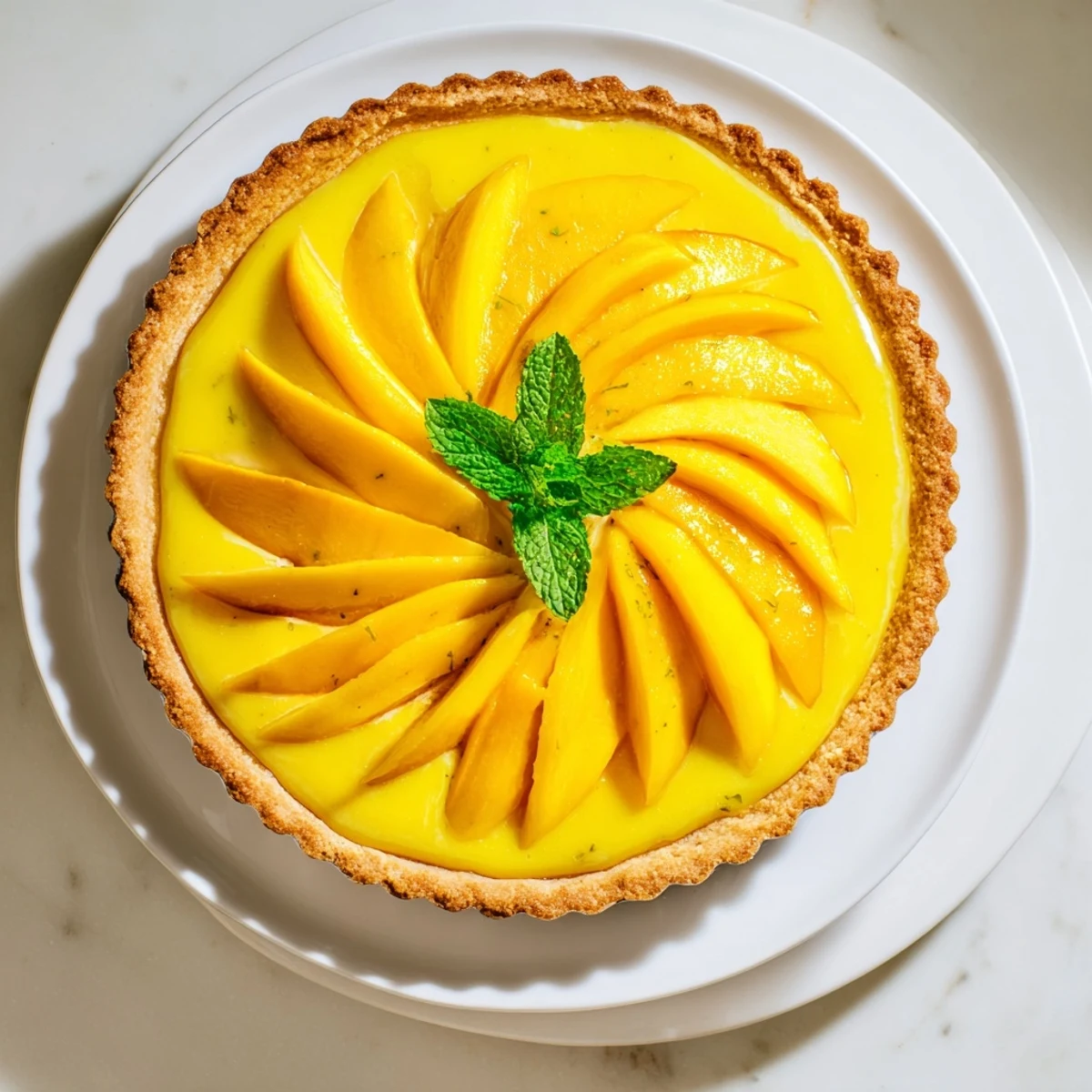 Golden mango curd tart topped with fresh fruit slices on a white plate