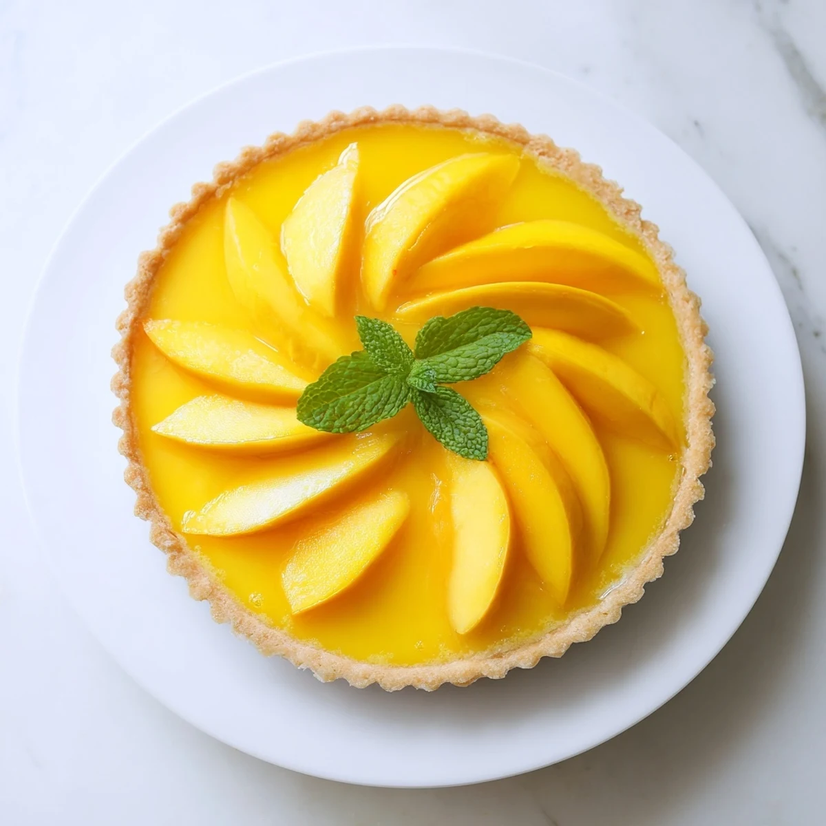 Buttery tart shell filled with vibrant yellow mango curd garnished with mint leaves