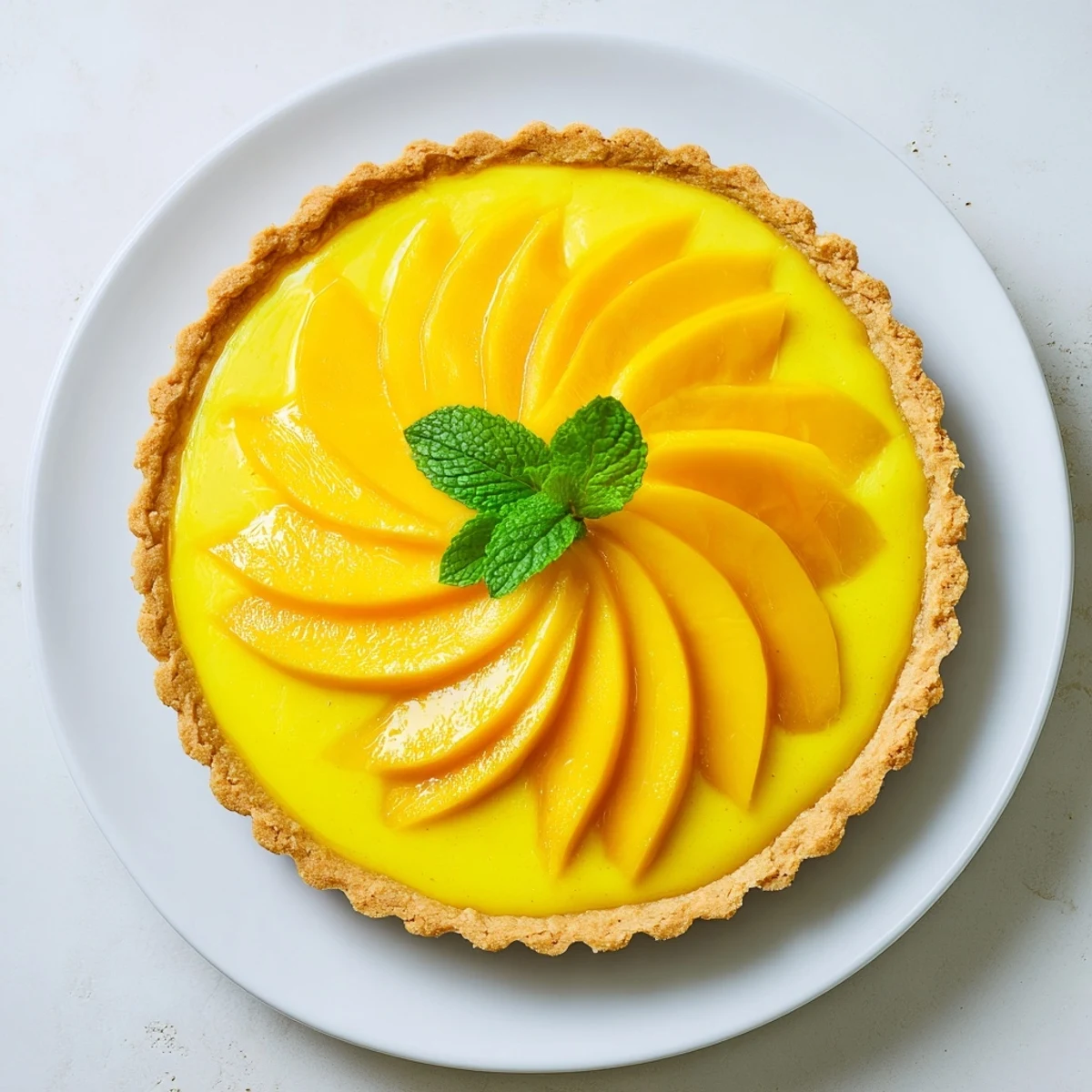 Silky mango curd tart with crisp crust and fresh mango wedge decorations