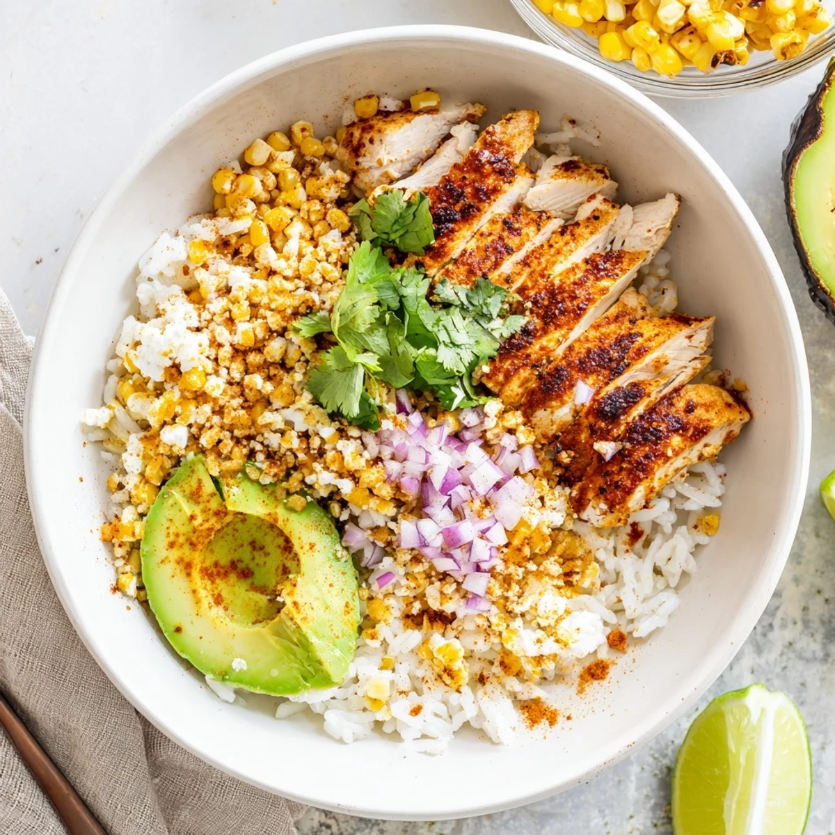 Vibrant street corn chicken rice bowl with charred corn, juicy chicken, fluffy rice, and zesty lime