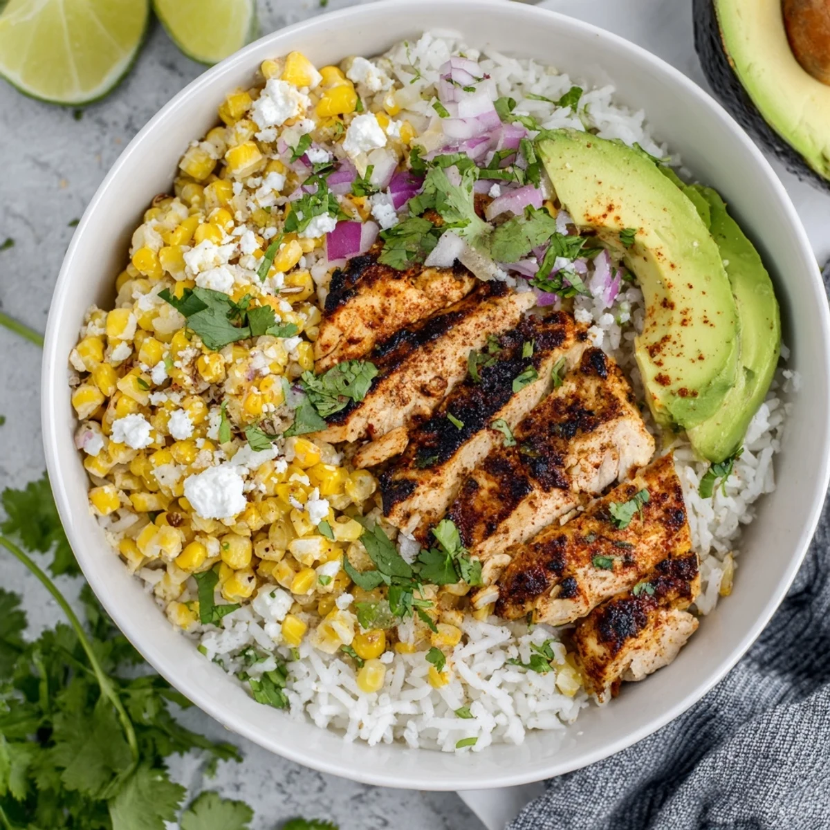 Colorful street corn chicken rice bowl loaded with mexican-inspired toppings and creamy cotija cheese garnish