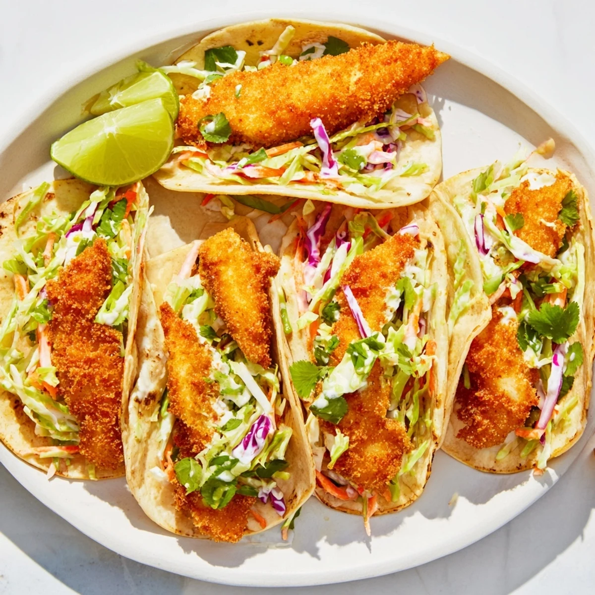 Homemade crispy fish tacos featuring crunchy breaded fillets and fresh colorful cabbage slaw