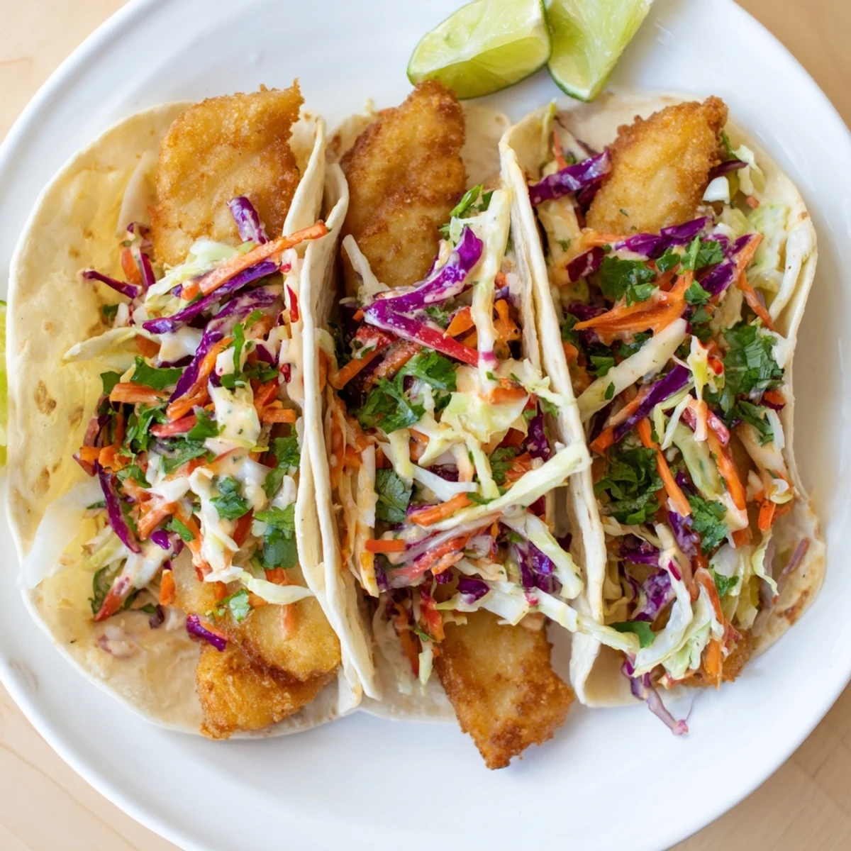 Golden brown crispy fish tacos topped with vibrant cilantro lime slaw in warm tortillas