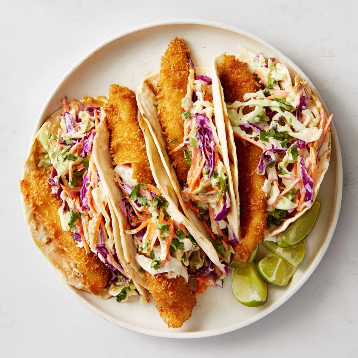 Plate of crispy fish tacos loaded with zesty lime dressing and crispy fried fish strips