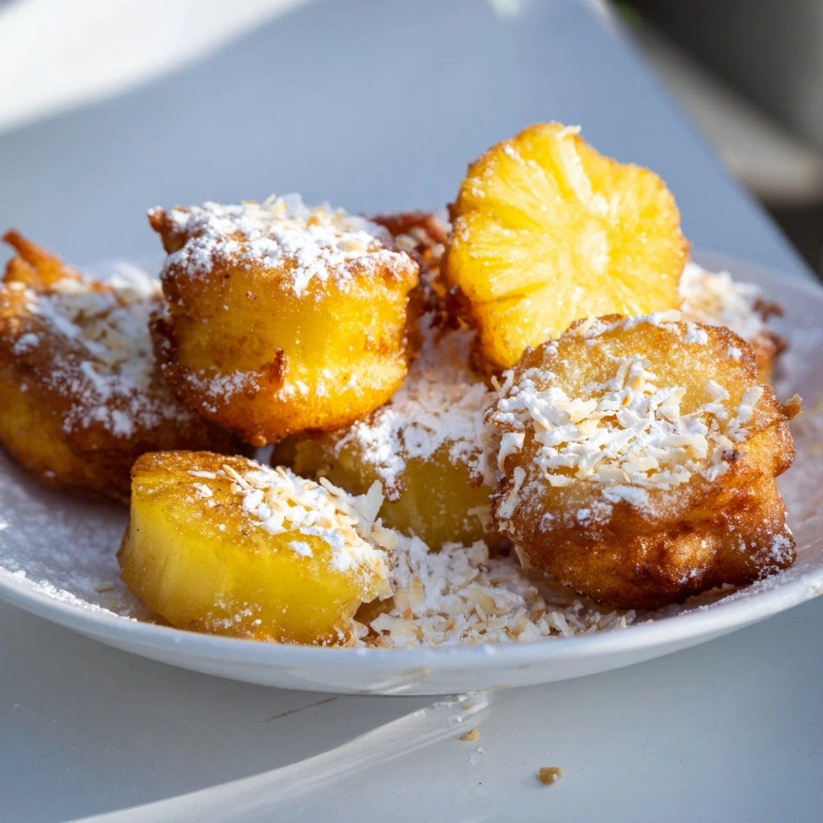 Golden pineapple fritters fried until crispy and dusted with white powdered sugar