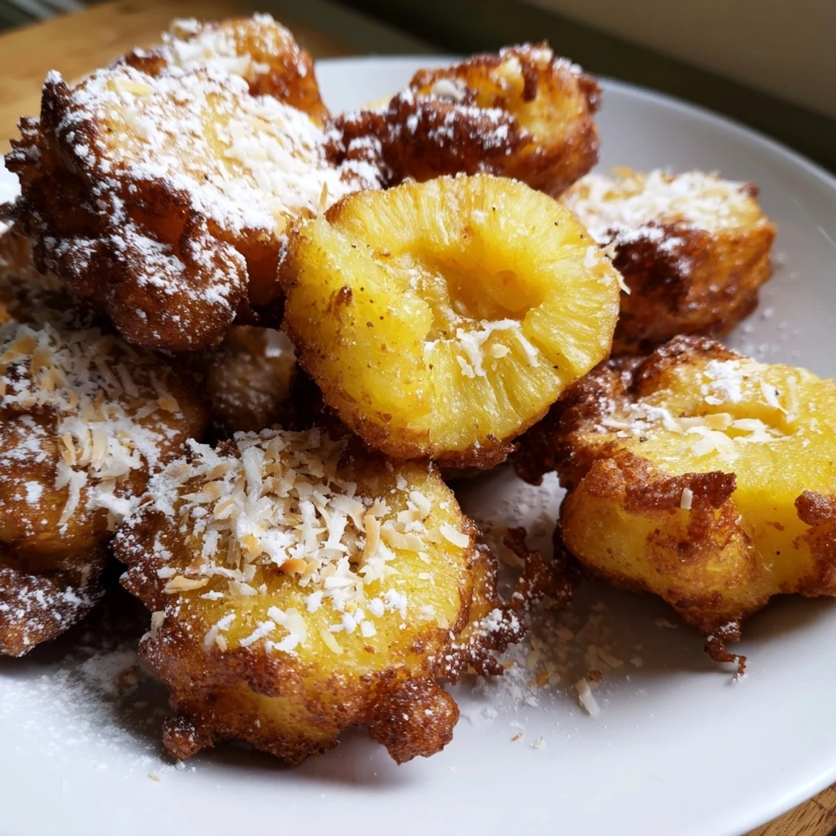 Tropical pineapple fritters with coconut hints, garnished with toasted shredded coconut flakes