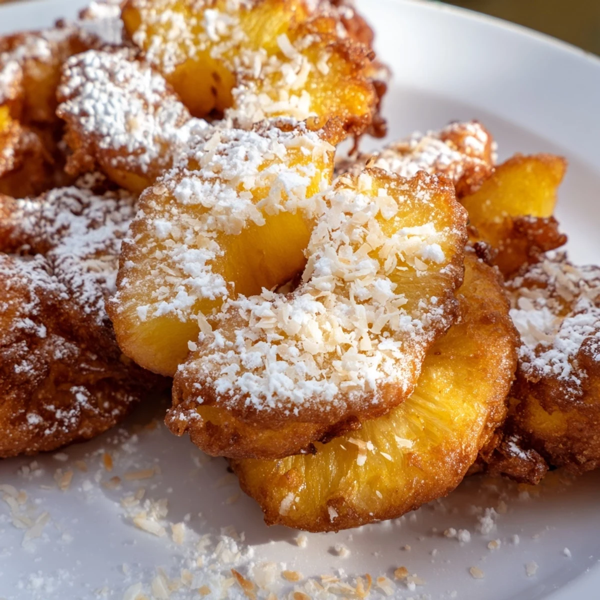 Warm pineapple fritters served on a plate, finished with sweet powdered sugar topping