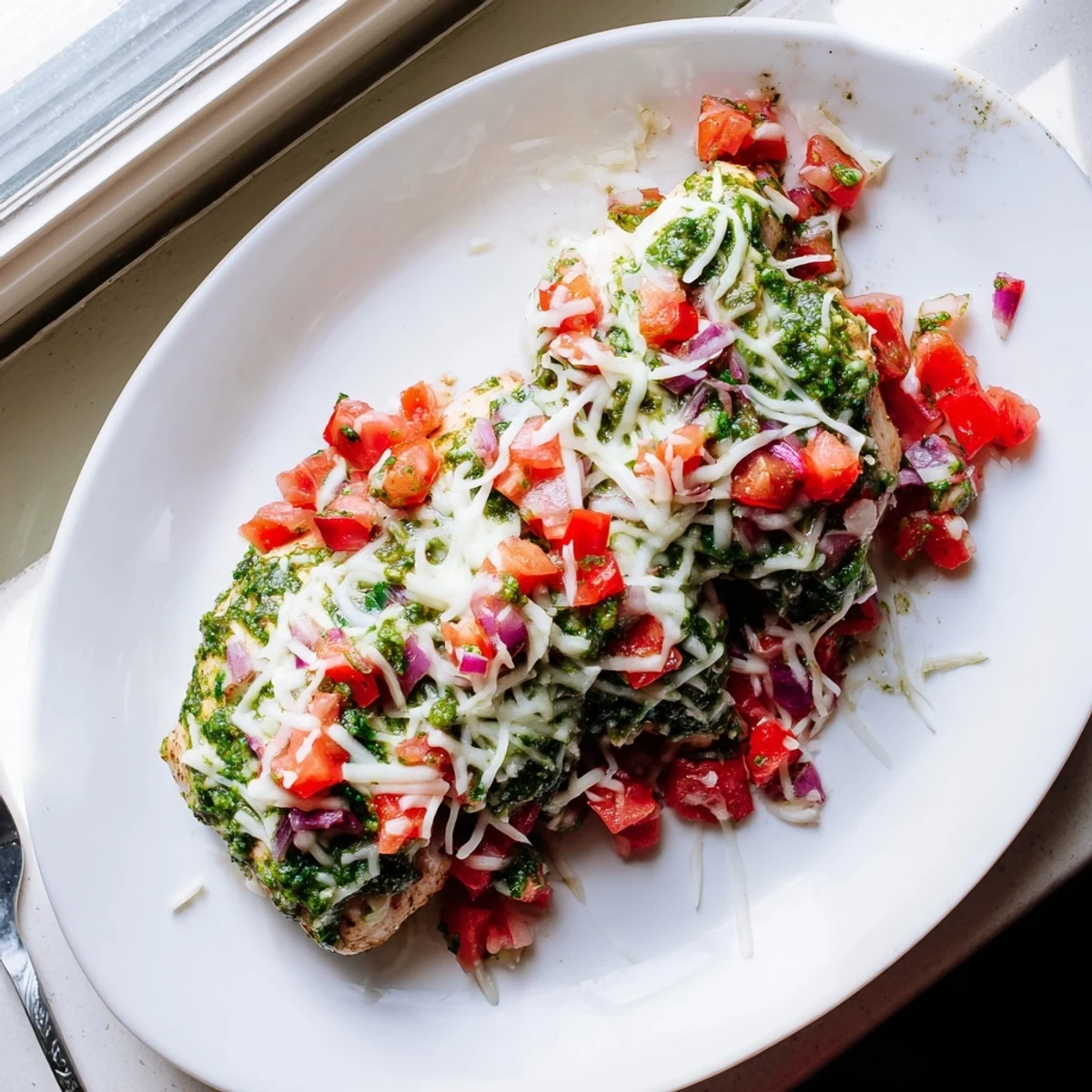 Golden baked Pesto Bruschetta Chicken topped with melted mozzarella and fresh tomato bruschetta