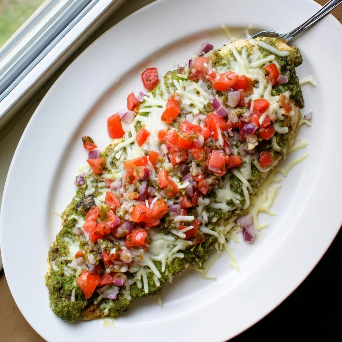Tender chicken breasts layered with basil pesto, juicy diced tomatoes, and bubbly cheese