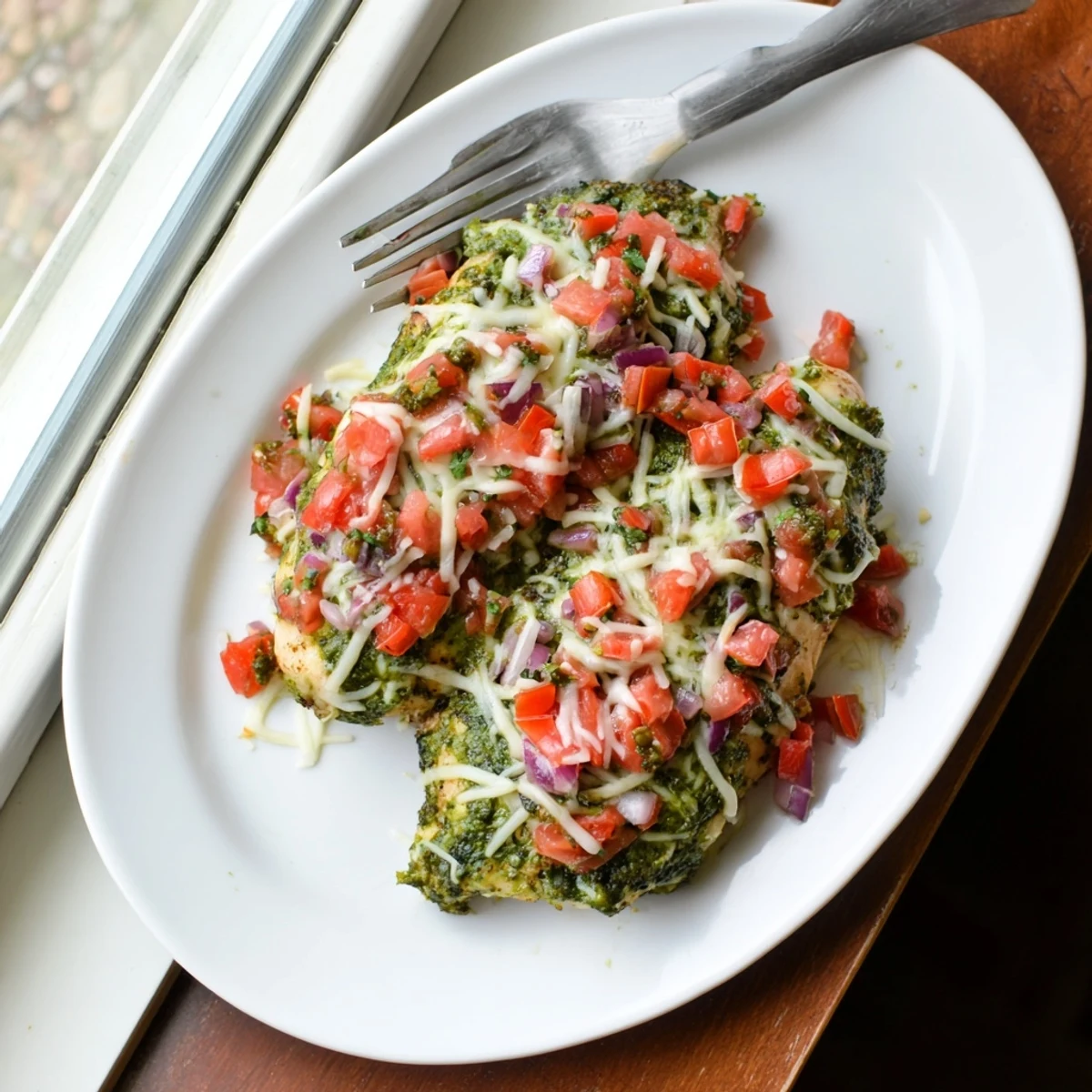 Italian-style Pesto Bruschetta Chicken served hot with colorful bruschetta topping and melted mozzarella