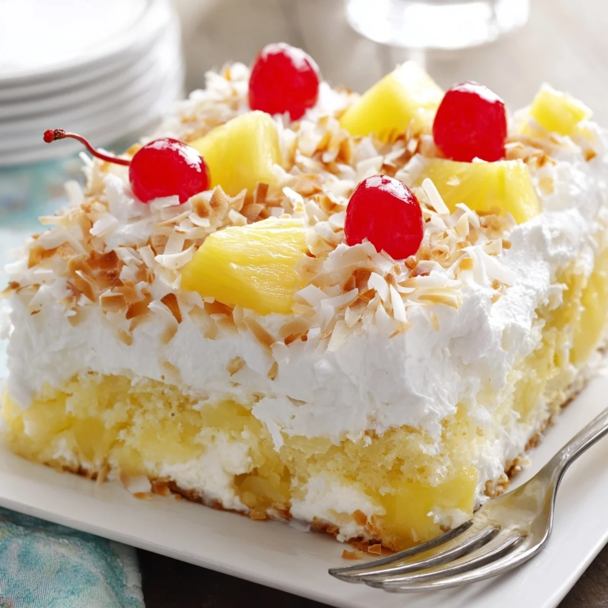 Moist tropical dessert cake drizzled with sweetened condensed milk and coconut cream filling
