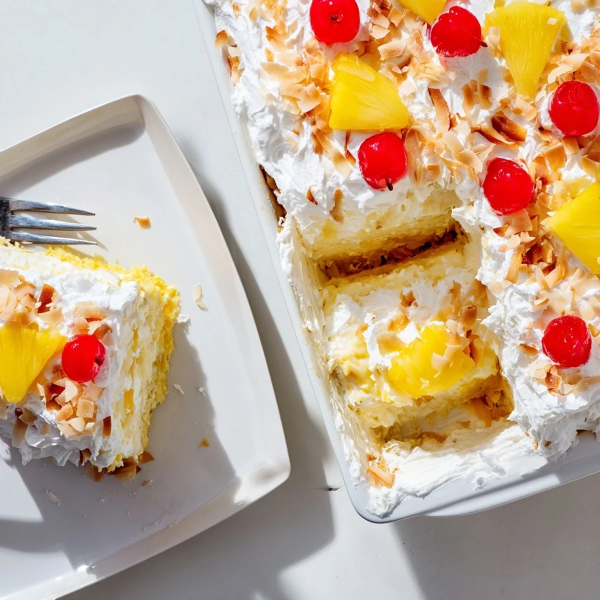 Slice of chilled pineapple coconut poke cake garnished with fresh pineapple and maraschino cherries