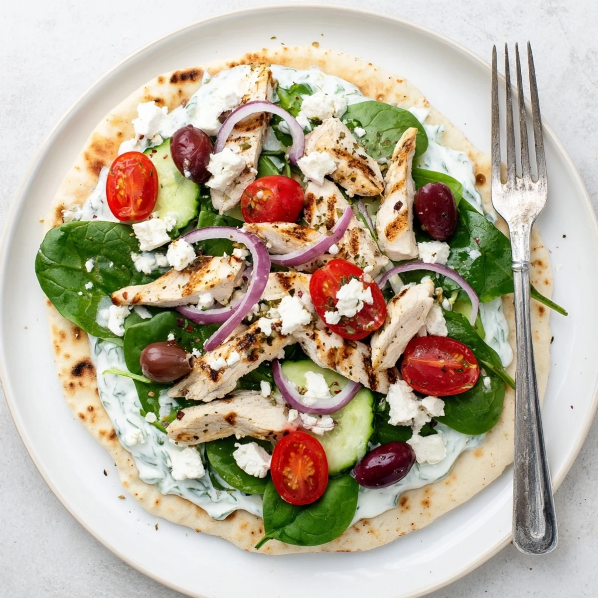 Golden grilled Greek chicken flatbread topped with fresh vegetables and creamy tzatziki sauce