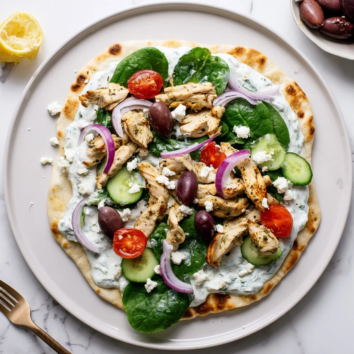 Mediterranean-style flatbread loaded with marinated chicken, crumbled feta, and vibrant vegetable toppings